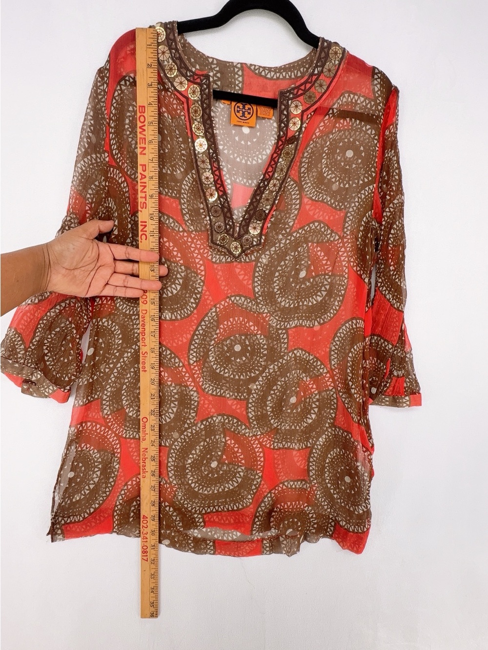 Tory Burch 100% Silk Chiffon Medallion Beaded Tunic Blouse Orange Brown size 14 - Picture 4 of 7